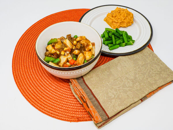 #01 - Vegetable Beef Stew, Mashed Sweet Potatoes, Green Beans
