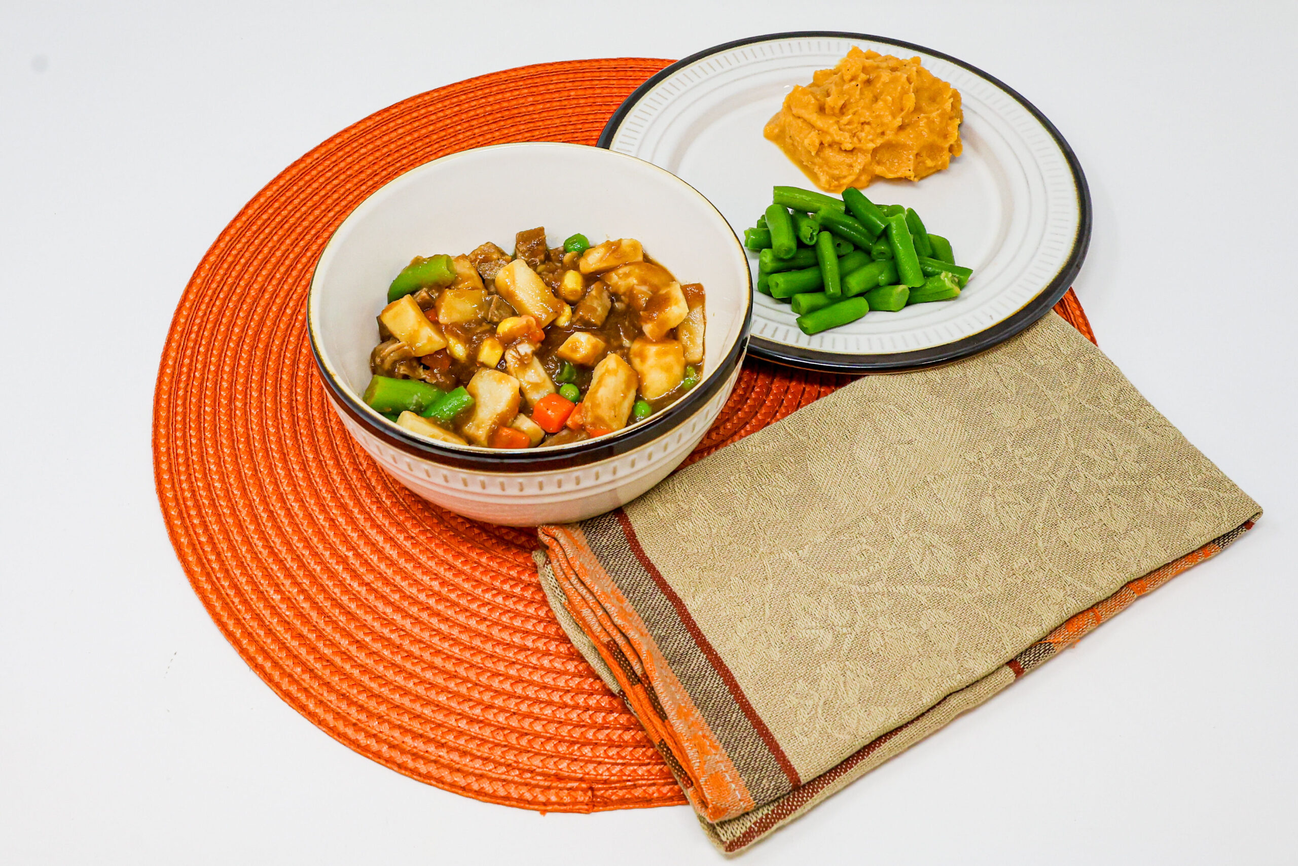 #01 - Vegetable Beef Stew, Mashed Sweet Potatoes, Green Beans