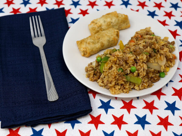 #04 - Mongolian Style Beef, Fried Rice, Mongolian Sauce, (2) Vegetable Egg Rolls