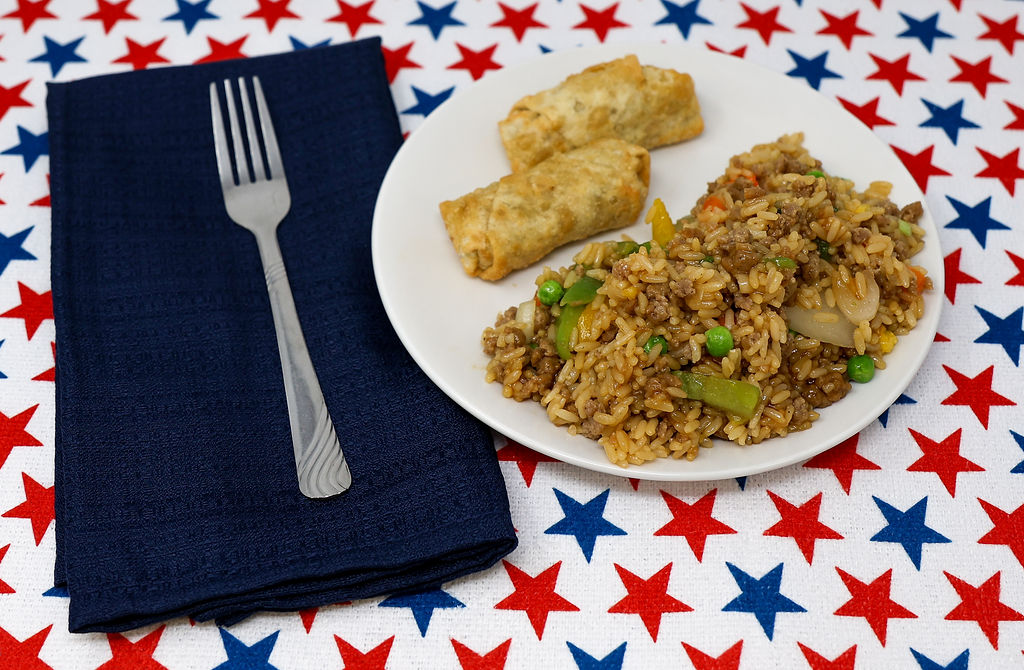 #04 - Mongolian Style Beef, Fried Rice, Mongolian Sauce, (2) Vegetable Egg Rolls