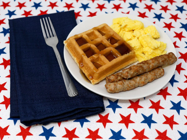 #11 - Belgian Waffle,Scrambled Eggs, Sausage Links, Maple Syrup