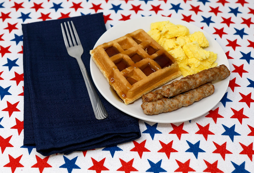 #11 - Belgian Waffle,Scrambled Eggs, Sausage Links, Maple Syrup