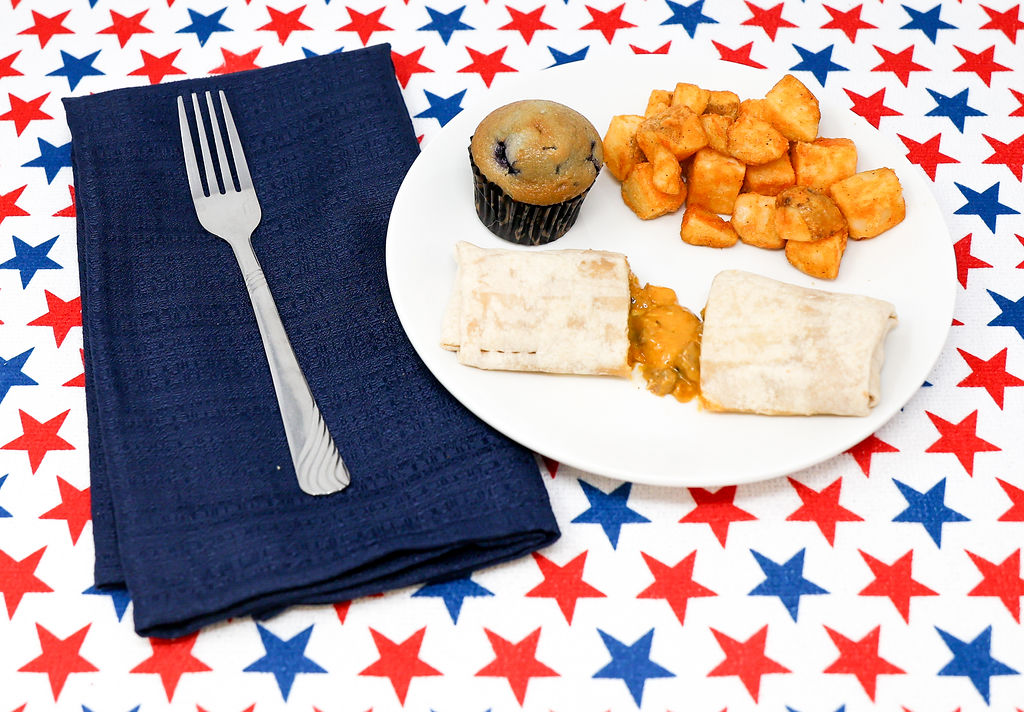 #14 - Breakfast Burrito, Seasoned Potatoes, 1 Mini Blueberry Muffin