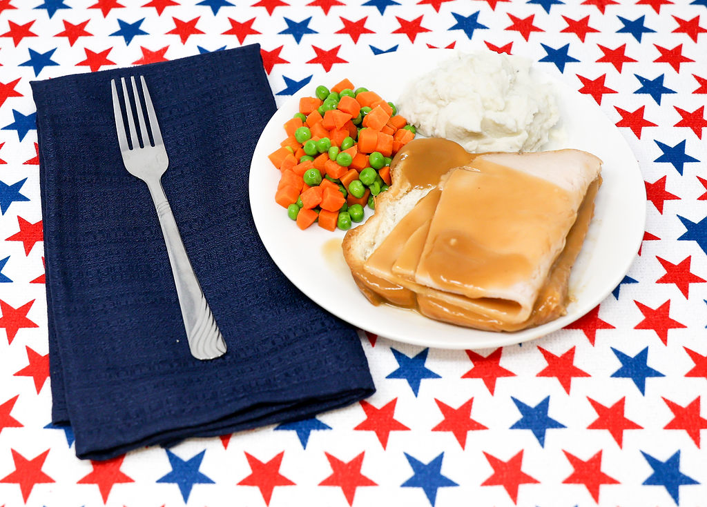 #02 - Hot Turkey Dinner, Mashed Potatoes, Turkey Gravy, Peas & Carrots