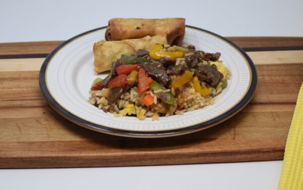 #04 - Mongolian Style Beef, Fried Rice, Mongolian Sauce, (2) Vegetable Egg Rolls