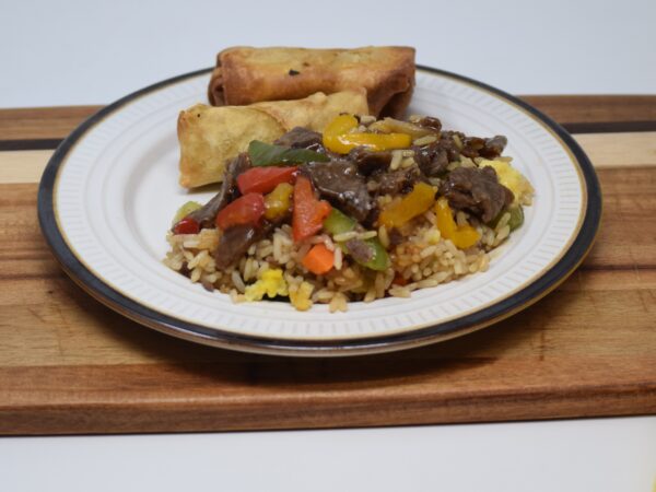 #04 - Mongolian Style Beef, Fried Rice, Mongolian Sauce, (2) Vegetable Egg Rolls