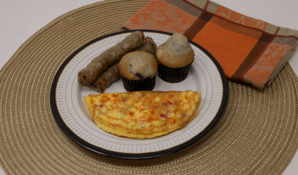 #15 - Skillet Omelet, 3 Sausage Links, 2 Mini Blueberry Muffins