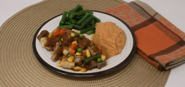 #01 - Vegetable Beef Stew, Mashed Sweet Potatoes, Green Beans
