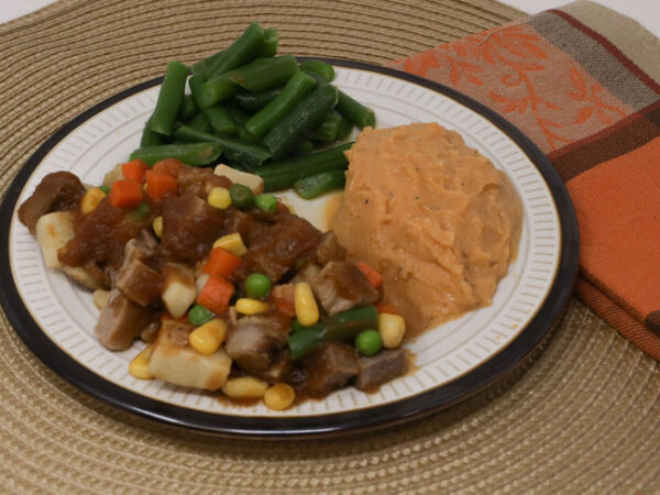 #01 - Vegetable Beef Stew, Mashed Sweet Potatoes, Green Beans