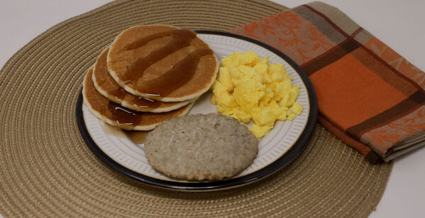 #13 - 3 Pancakes, 1 Sausage Patty, Scrambled Eggs, Maple Syrup