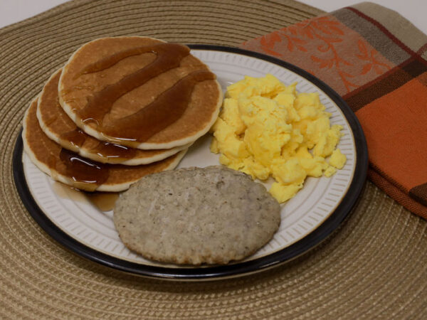 #13 - 3 Pancakes, 1 Sausage Patty, Scrambled Eggs, Maple Syrup