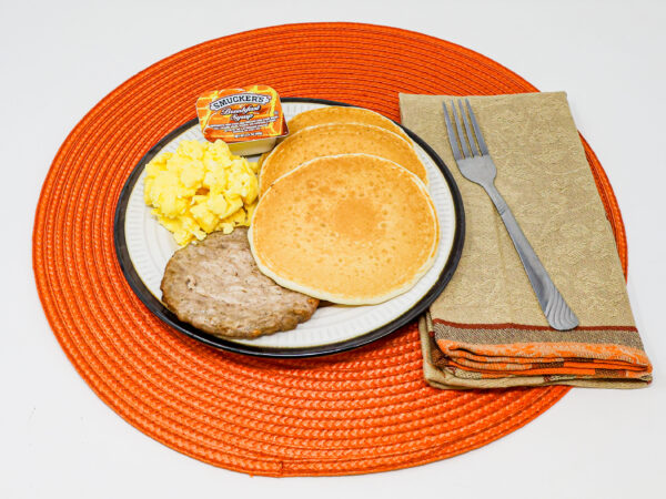 #13 - 3 Pancakes, 1 Sausage Patty, Scrambled Eggs, Maple Syrup