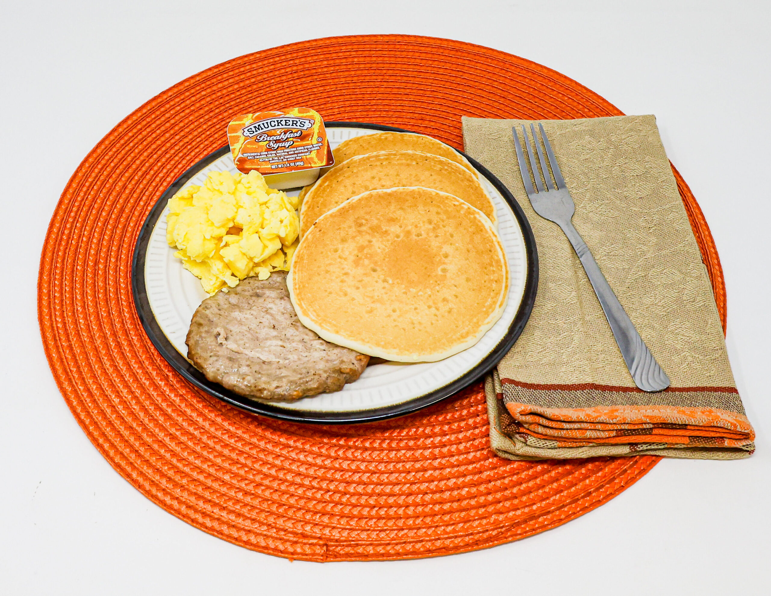 #13 - 3 Pancakes, 1 Sausage Patty, Scrambled Eggs, Maple Syrup