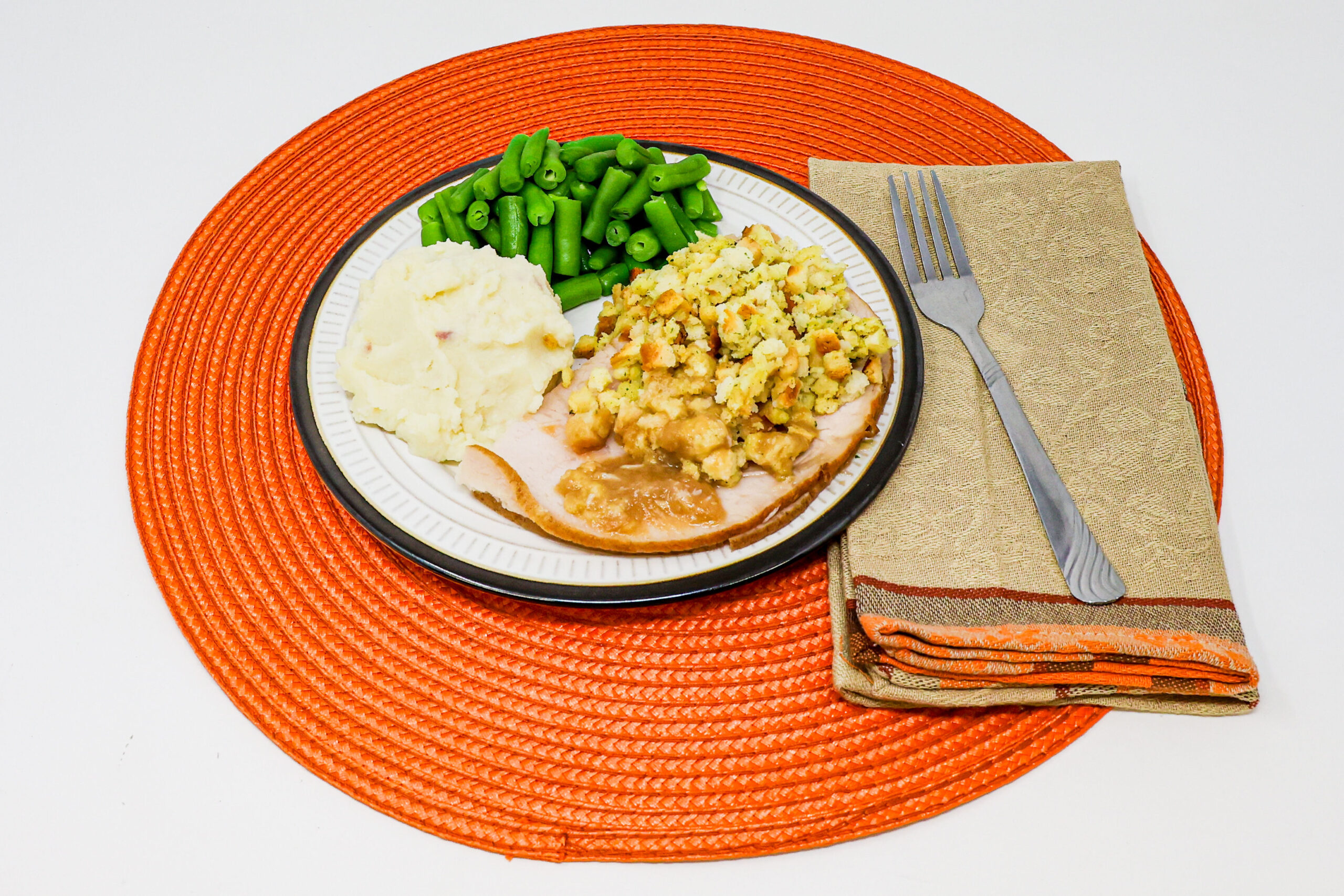 #02 - Turkey & Stuffing, Turkey Gravy, Redskin Mashed Potatoes, Green Beans