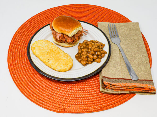 #16 - BBQ Pulled Pork Sandwich, Baked Beans, and Hashbrown