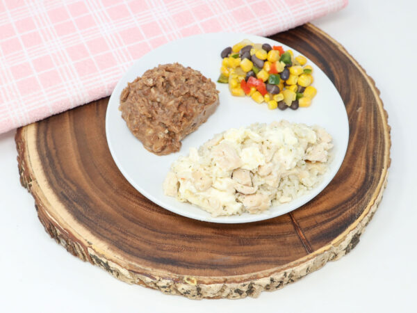 #01 - Chicken & Rice Casserole, Refried Beans, Southwest Vegetables