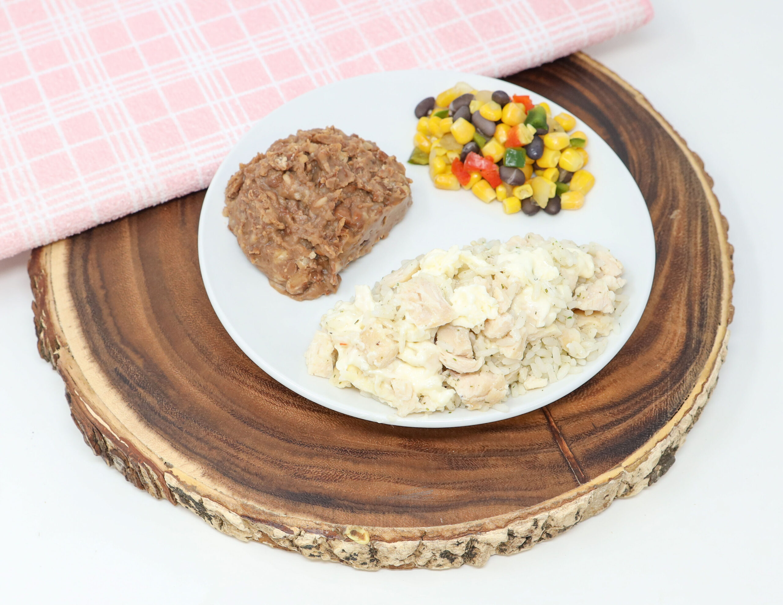 #01 - Chicken & Rice Casserole, Refried Beans, Southwest Vegetables