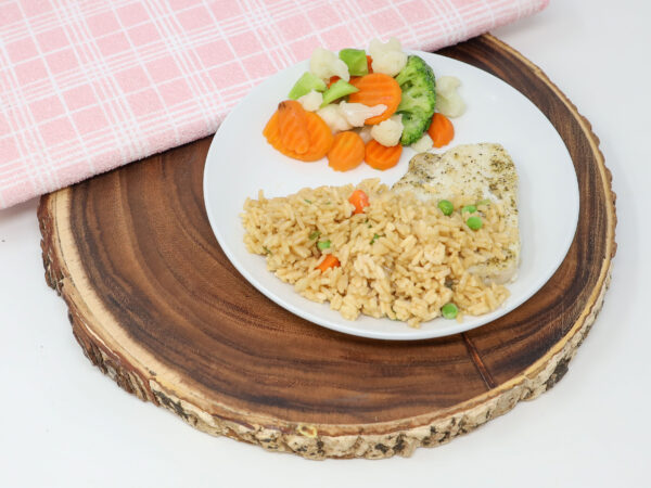 #08 - Baked Fish Fillet, Fried Rice, California Blend Vegetables