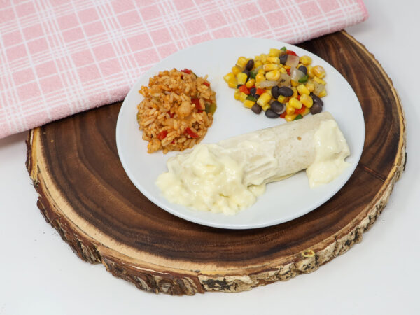 #13 - Smothered Burrito, Adobo Rice, Southwest Vegetables